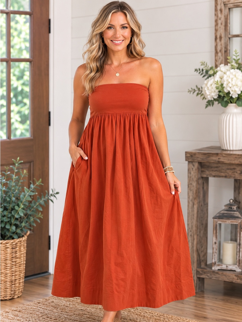 Rust off the shoulders dress with Gathered Waist